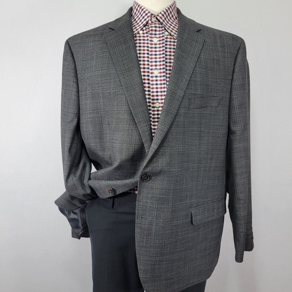 Chaps Men's Sport‎ Coat Blazer Two Button Ch Gray Plaid Polyester Blend Size 50R